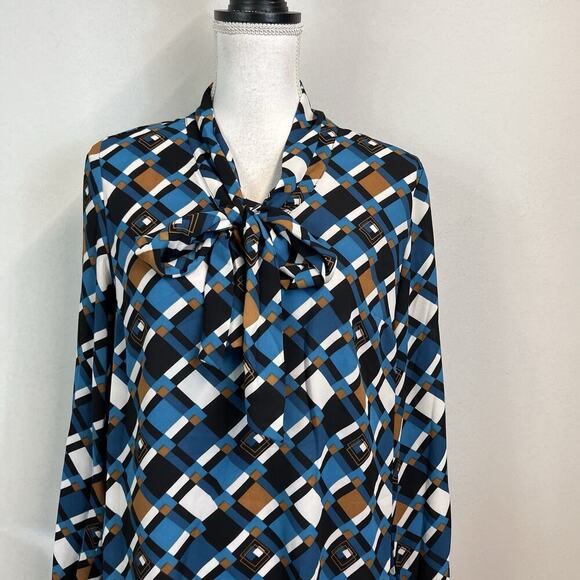 Nine West Blouse Tunic size Medium Blue Brown Bow Neck Tie Career Modest Church - Picture 2 of 8